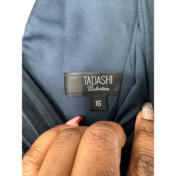 Tadashi Shoji Dress Navy Blue Sequin Silk Sleeveless Formal Maxi Gown Size 16 - Picture 2 of 11